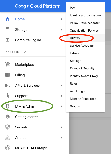 Google cloud IAM Quota menu